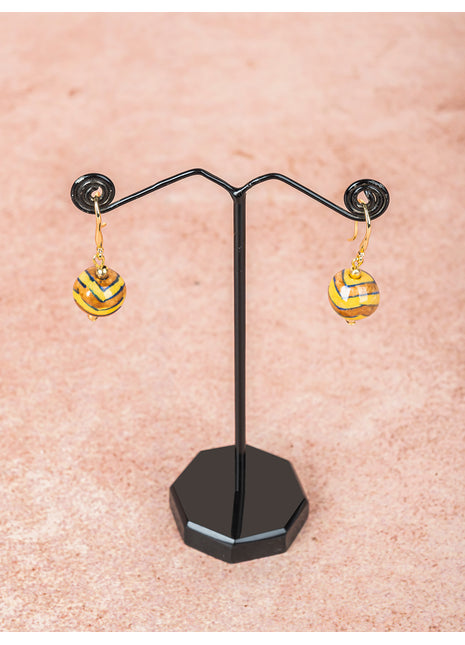 Handmade Single Bead Blue Pottery Earrings (Brown & Yellow)