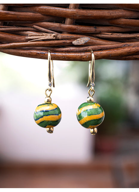 Handmade Single Bead Blue Pottery Earrings (Yellow & Green)