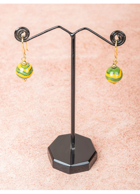 Handmade Single Bead Blue Pottery Earrings (Yellow & Green)