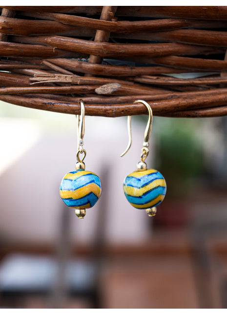 Handmade Single Bead Blue Pottery Earrings (Turquoise & Yellow)
