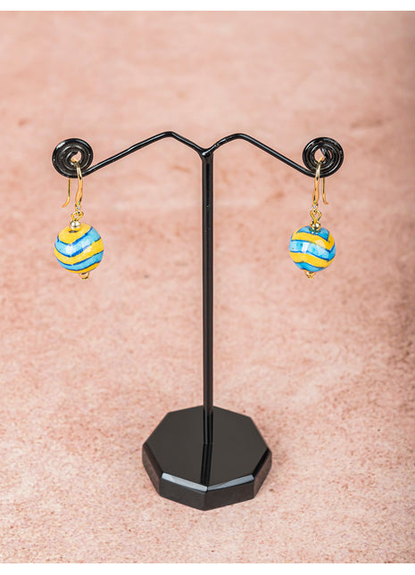 Handmade Single Bead Blue Pottery Earrings (Turquoise & Yellow)