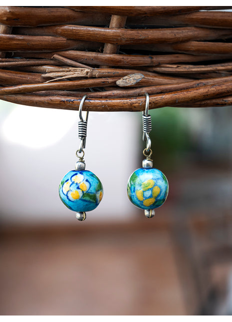 Handmade Single Bead Blue Pottery Earrings (Turquoise with Yellow Flower)