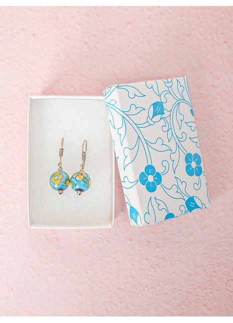 Handmade Single Bead Blue Pottery Earrings (Turquoise with Yellow Flower)
