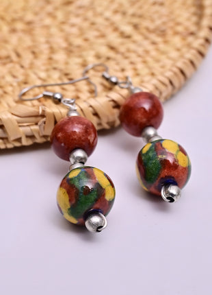 Handmade Single Bead Blue Pottery Earrings (Brown & Yellow)