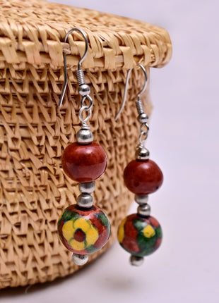 Handmade Single Bead Blue Pottery Earrings (Brown & Yellow)