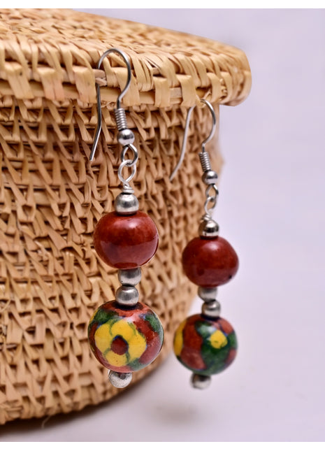 Handmade Single Bead Blue Pottery Earrings (Brown & Yellow)