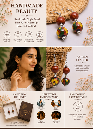 Handmade Single Bead Blue Pottery Earrings (Brown & Yellow)
