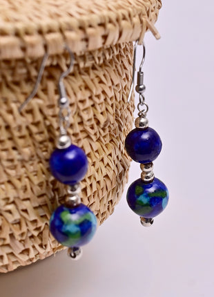 Handmade Single Bead Blue Pottery Earrings (Blue & Turquoise)