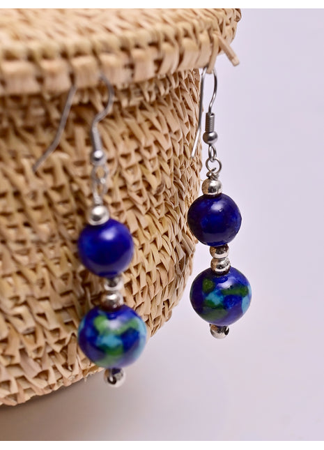 Handmade Single Bead Blue Pottery Earrings (Blue & Turquoise)