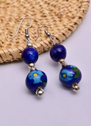 Handmade Single Bead Blue Pottery Earrings (Blue & Turquoise)