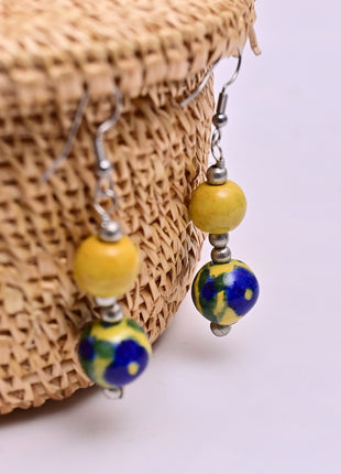 Handmade Single Bead Blue Pottery Earrings (Blue & Yellow)