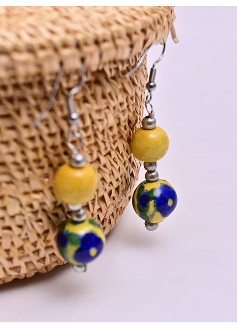 Handmade Single Bead Blue Pottery Earrings (Blue & Yellow)