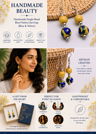 Handmade Single Bead Blue Pottery Earrings (Blue & Yellow)