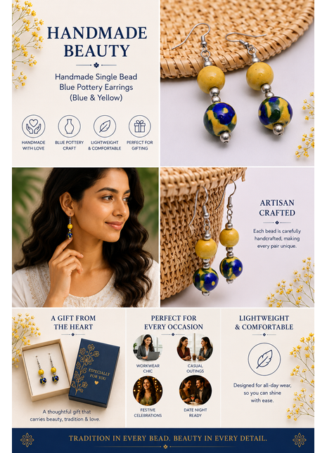 Handmade Single Bead Blue Pottery Earrings (Blue & Yellow)