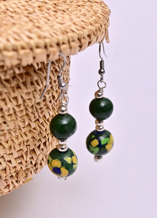 Handmade Single Bead Blue Pottery Earrings (Green & Yellow)