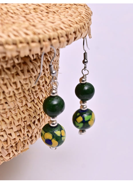 Handmade Single Bead Blue Pottery Earrings (Green & Yellow)