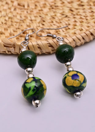 Handmade Single Bead Blue Pottery Earrings (Green & Yellow)
