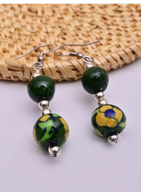Handmade Single Bead Blue Pottery Earrings (Green & Yellow)