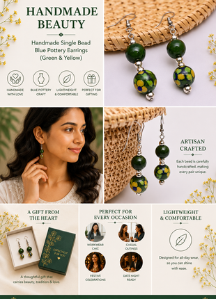 Handmade Single Bead Blue Pottery Earrings (Green & Yellow)
