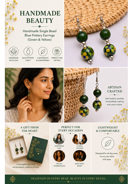 Handmade Single Bead Blue Pottery Earrings (Green & Yellow)