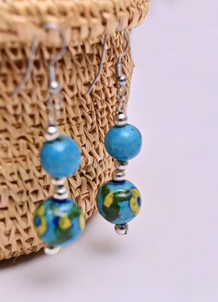 Handmade Single Bead Blue Pottery Earrings (Turquoise)