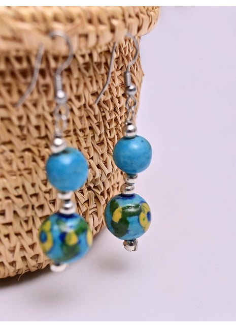Handmade Single Bead Blue Pottery Earrings (Turquoise)