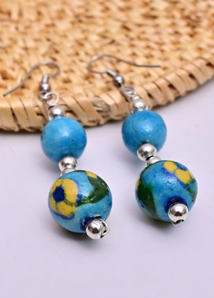 Handmade Single Bead Blue Pottery Earrings (Turquoise)