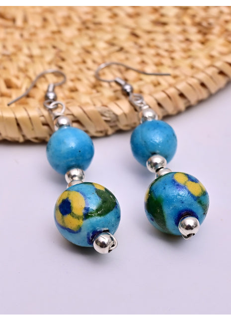 Handmade Single Bead Blue Pottery Earrings (Turquoise)