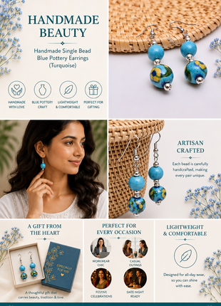 Handmade Single Bead Blue Pottery Earrings (Turquoise)