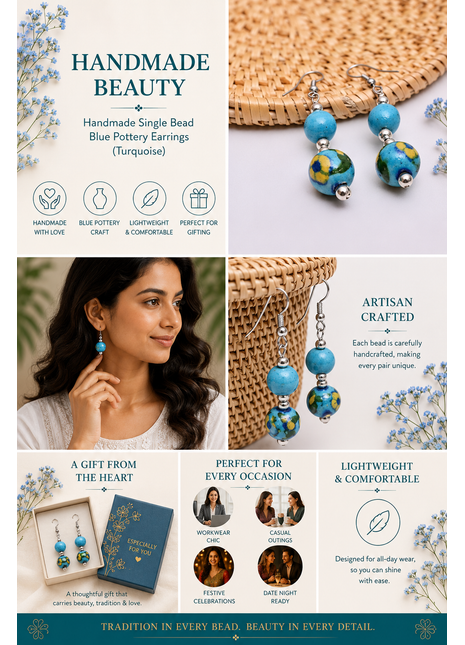 Handmade Single Bead Blue Pottery Earrings (Turquoise)