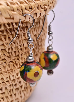 Handmade Single Bead Blue Pottery Earrings (Brown)
