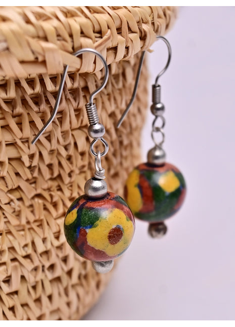 Handmade Single Bead Blue Pottery Earrings (Brown)