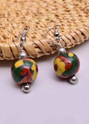 Handmade Single Bead Blue Pottery Earrings (Brown)