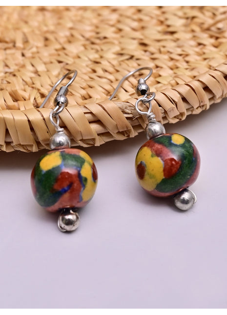 Handmade Single Bead Blue Pottery Earrings (Brown)