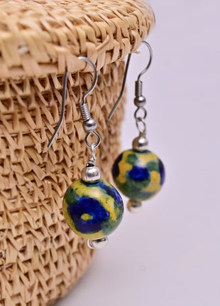 Handmade Single Bead Blue Pottery Earrings (Yellow & Blue)