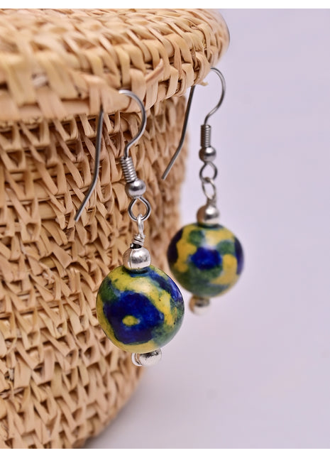 Handmade Single Bead Blue Pottery Earrings (Yellow & Blue)