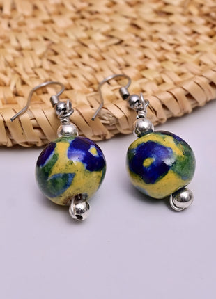 Handmade Single Bead Blue Pottery Earrings (Yellow & Blue)