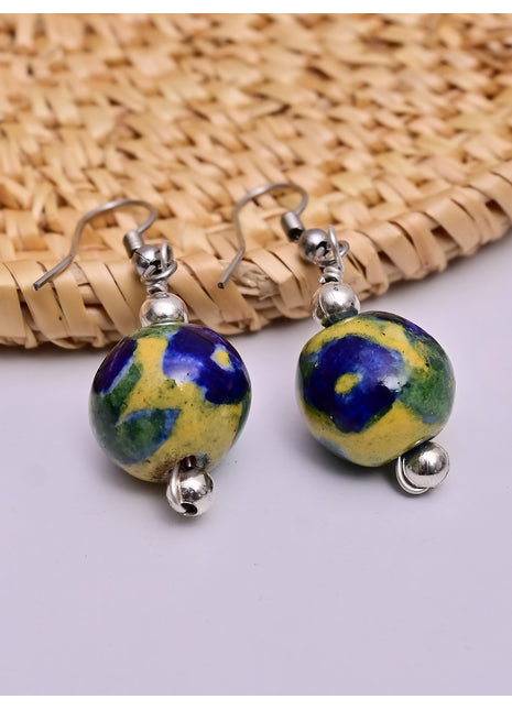 Handmade Single Bead Blue Pottery Earrings (Yellow & Blue)