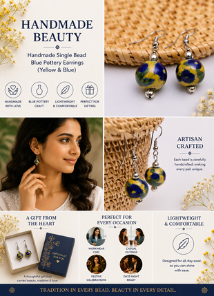 Handmade Single Bead Blue Pottery Earrings (Yellow & Blue)