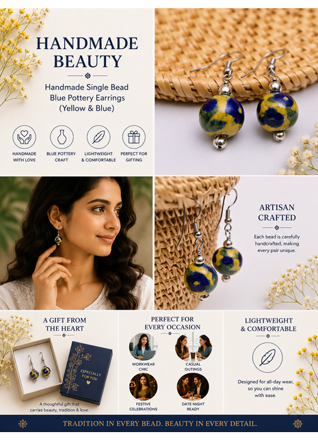 Handmade Single Bead Blue Pottery Earrings (Yellow & Blue)