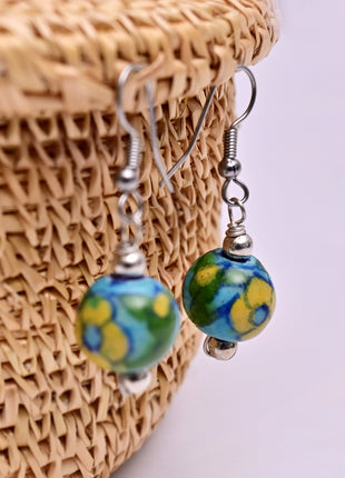 Handmade Single Bead Blue Pottery Earrings (Yellow & Turquoise)