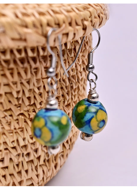 Handmade Single Bead Blue Pottery Earrings (Yellow & Turquoise)