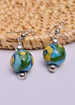 Handmade Single Bead Blue Pottery Earrings (Yellow & Turquoise)