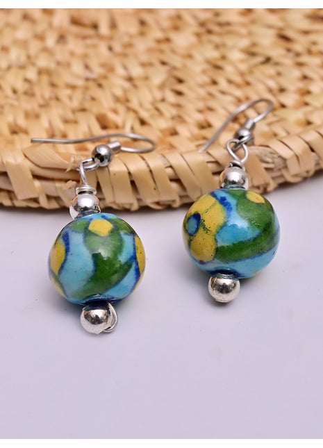 Handmade Single Bead Blue Pottery Earrings (Yellow & Turquoise)