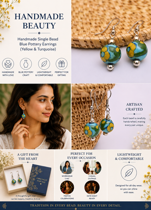 Handmade Single Bead Blue Pottery Earrings (Yellow & Turquoise)