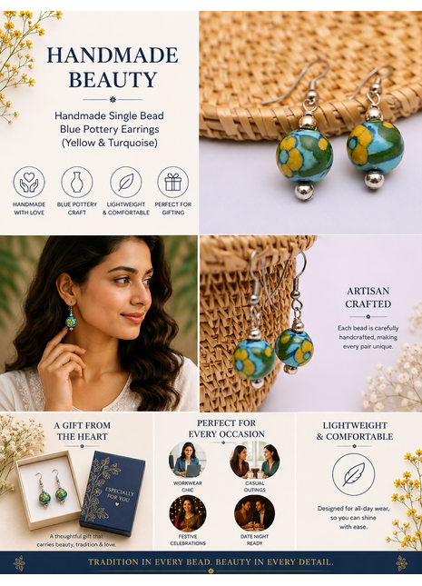 Handmade Single Bead Blue Pottery Earrings (Yellow & Turquoise)