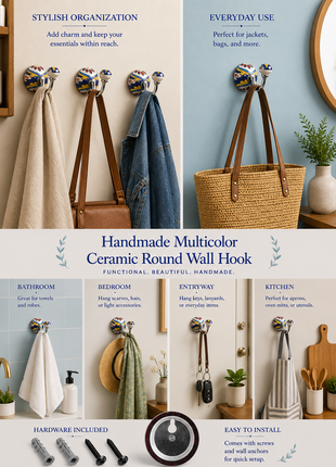 Handmade Multicolor Ceramic Round Wall Hook