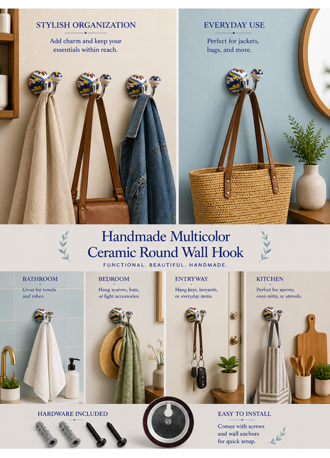 Handmade Multicolor Ceramic Round Wall Hook