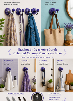 Decorative Purple Embossed Ceramic Round Coat Hook