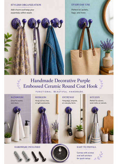 Decorative Purple Embossed Ceramic Round Coat Hook